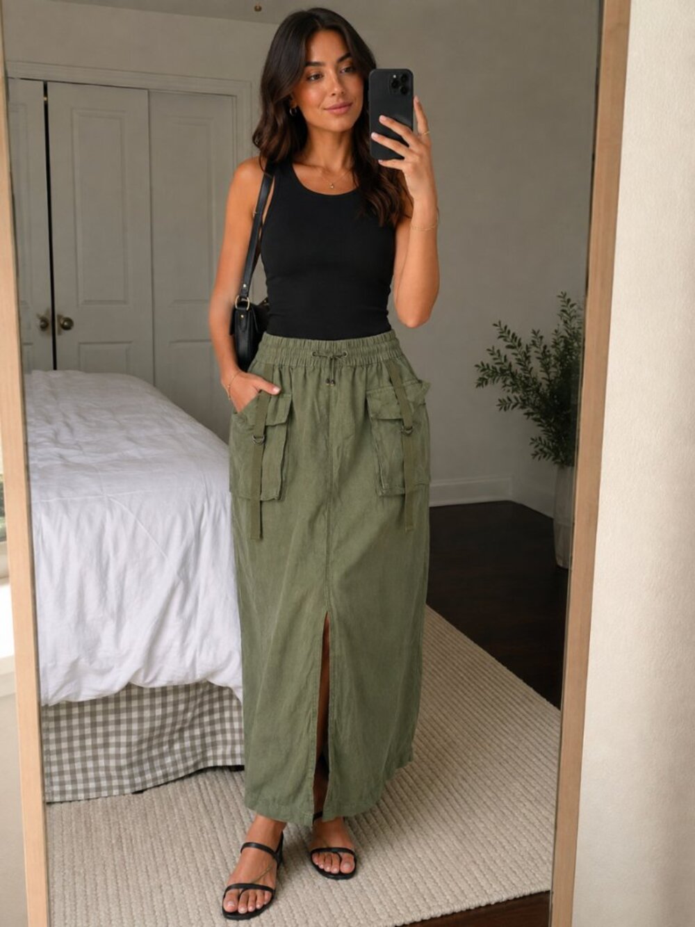 Nicole Miller Olive Green Cargo Utility Midi Skirt Size L